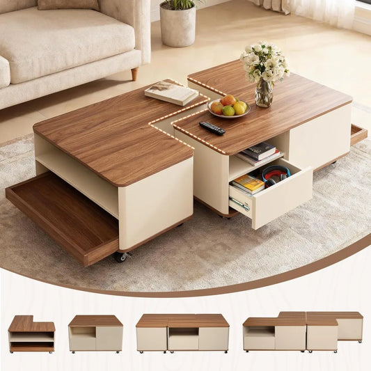 Farmhouse Wood Coffee Table With Wheels And Storage