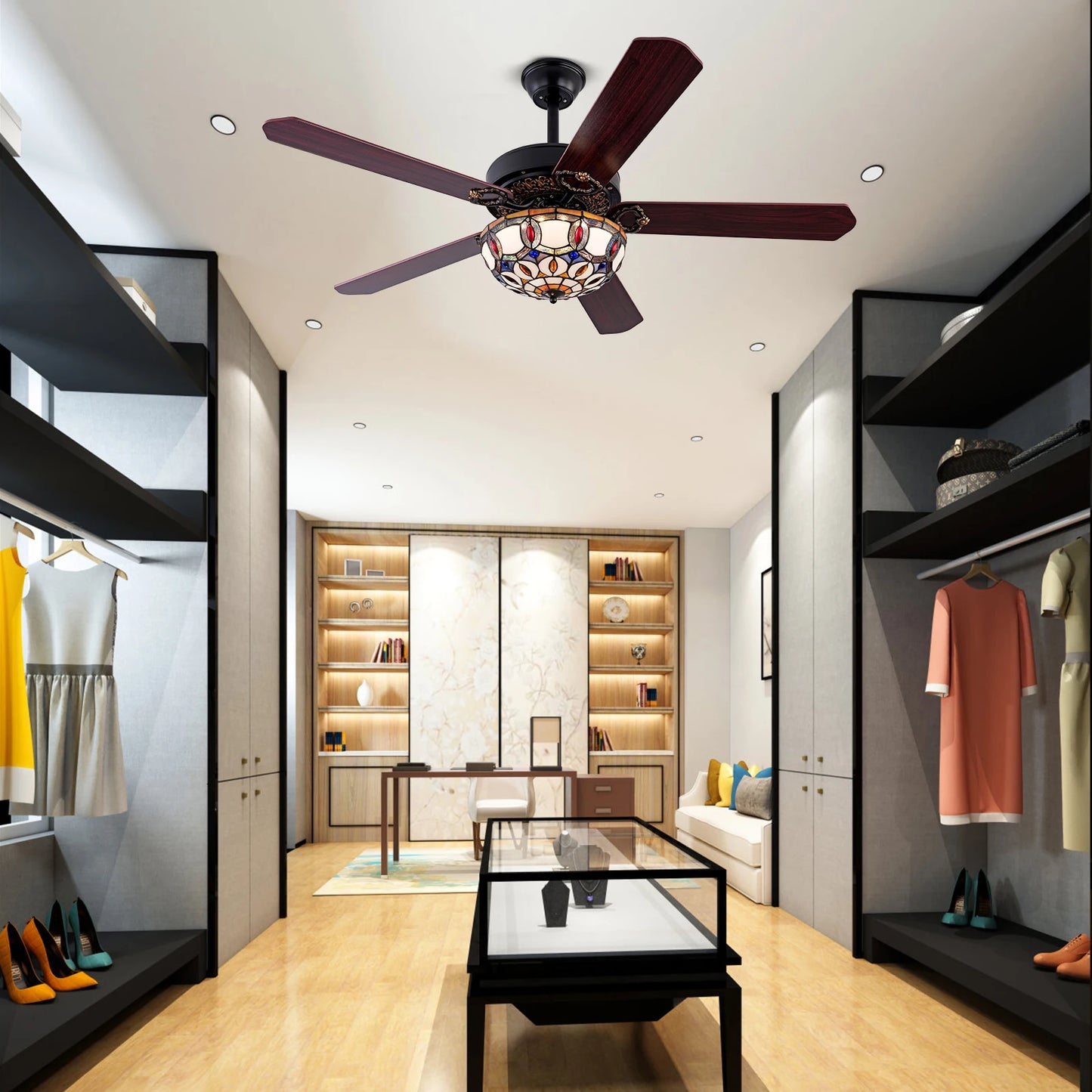Bymaocar Tiffany Ceiling Fan With Remote Three Lights