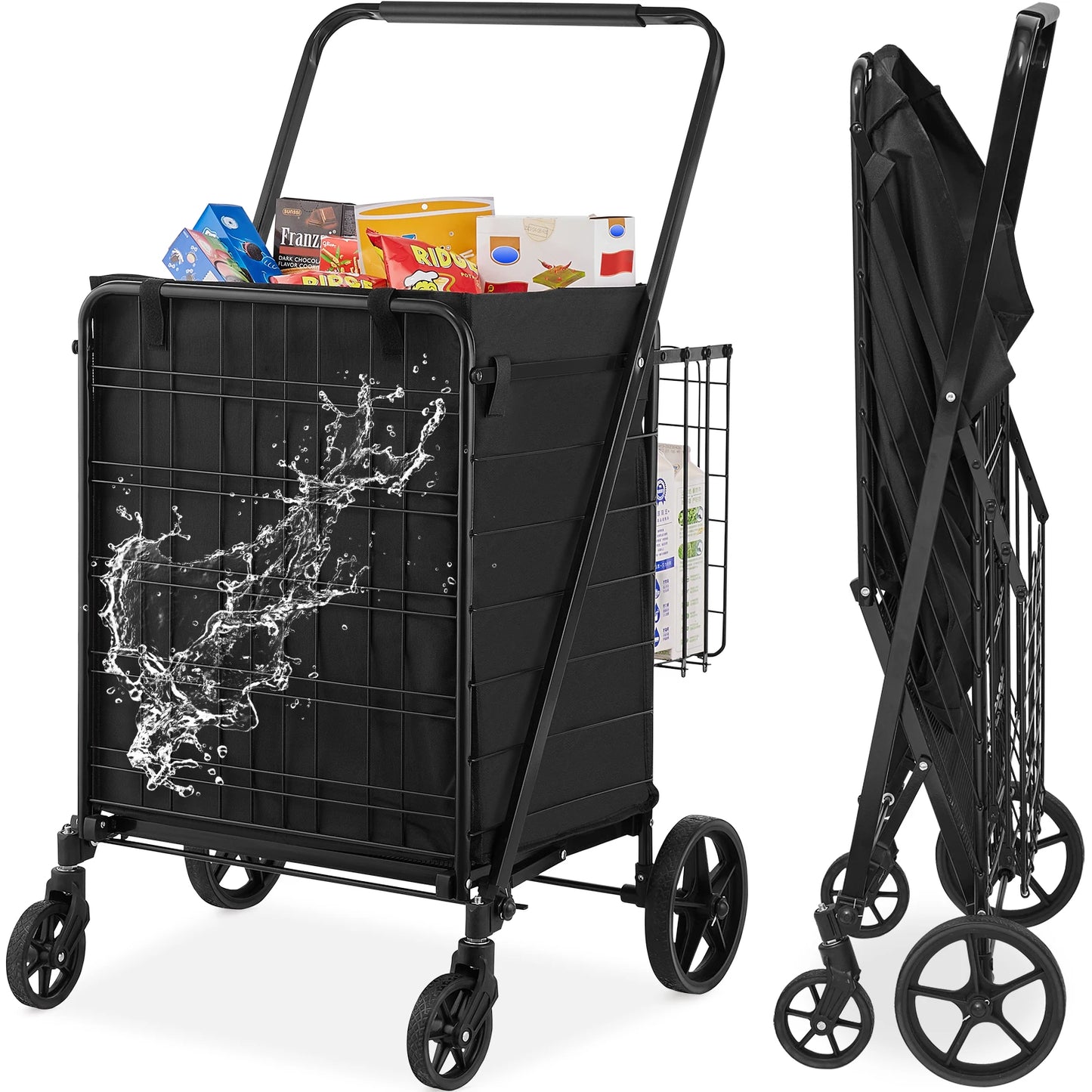 SucceBuy Folding Shopping Cart With Waterproof Liner And 360 Degree Wheels