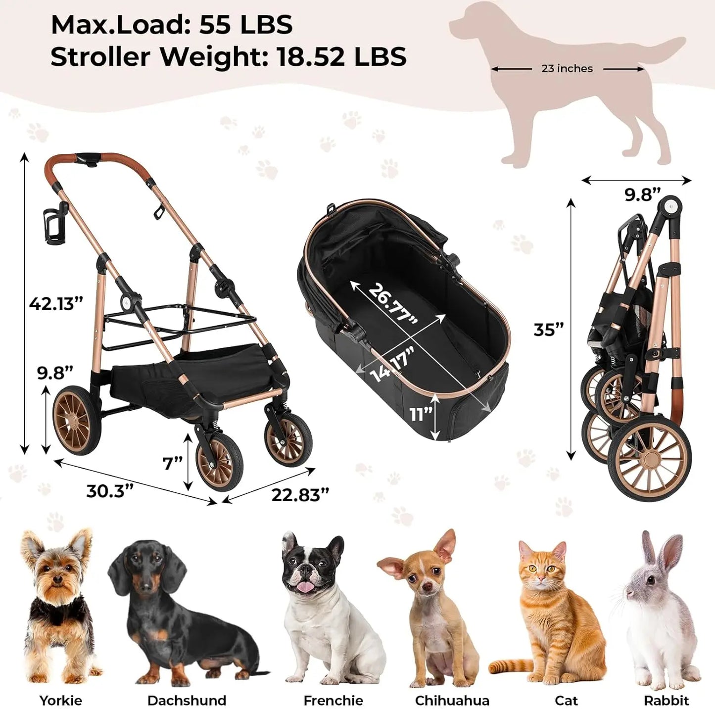 360 Degree Wheels Dog Stroller Foldable 2in1 For Pets