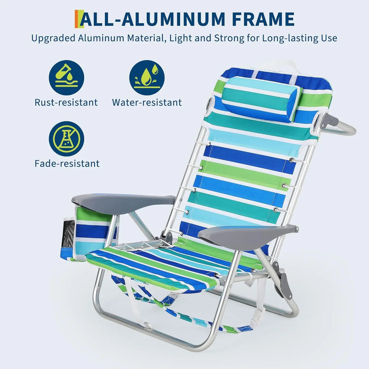 Backpack beach chair for adults by S And B Enterprise, striped blue-green fabric with aluminum frame