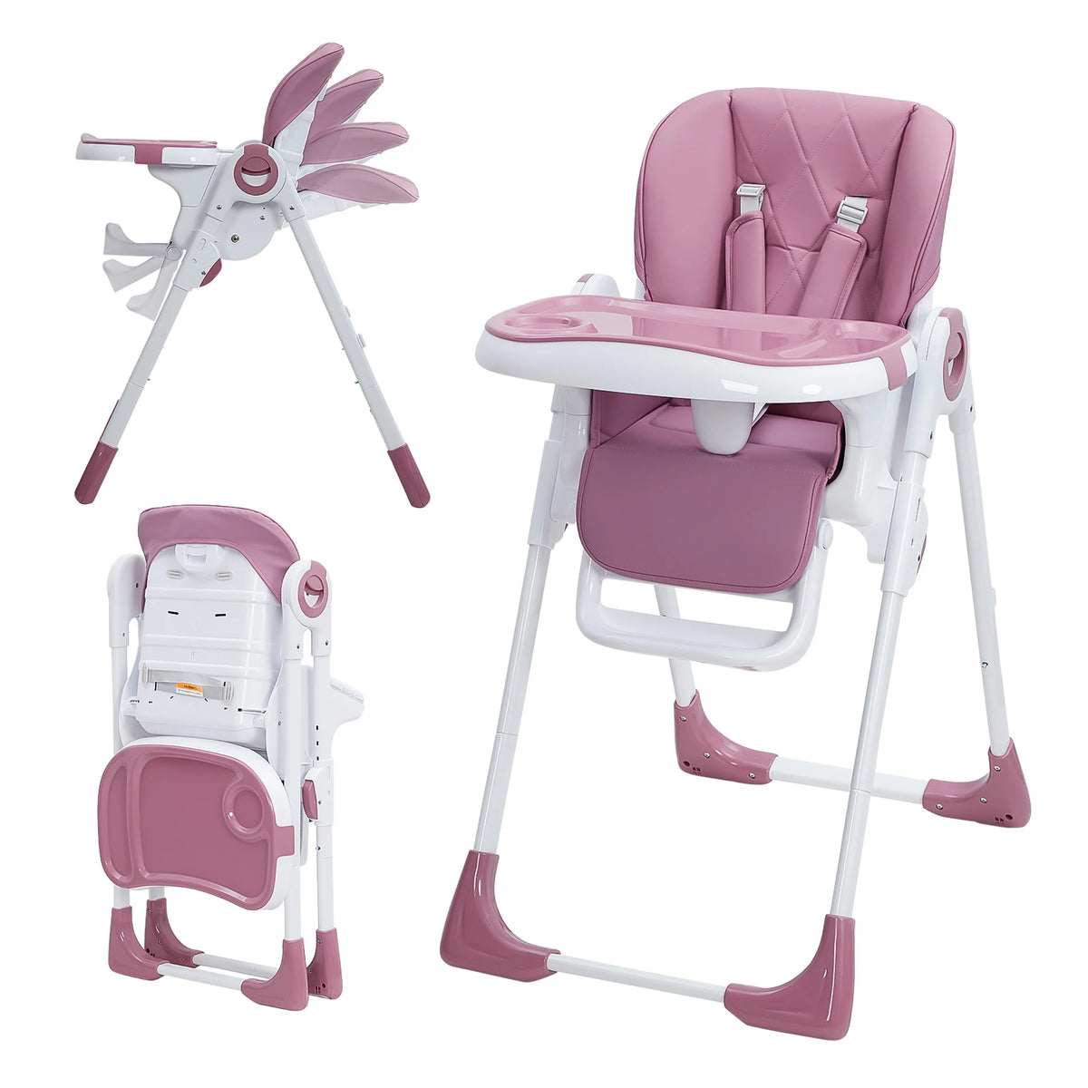 S And B Enterprise pink baby high chair with adjustable height, reclining backrest and foldable tray