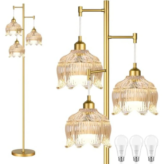 MDNG Vintage Three Light Floor Lamp Glass Flower Shade