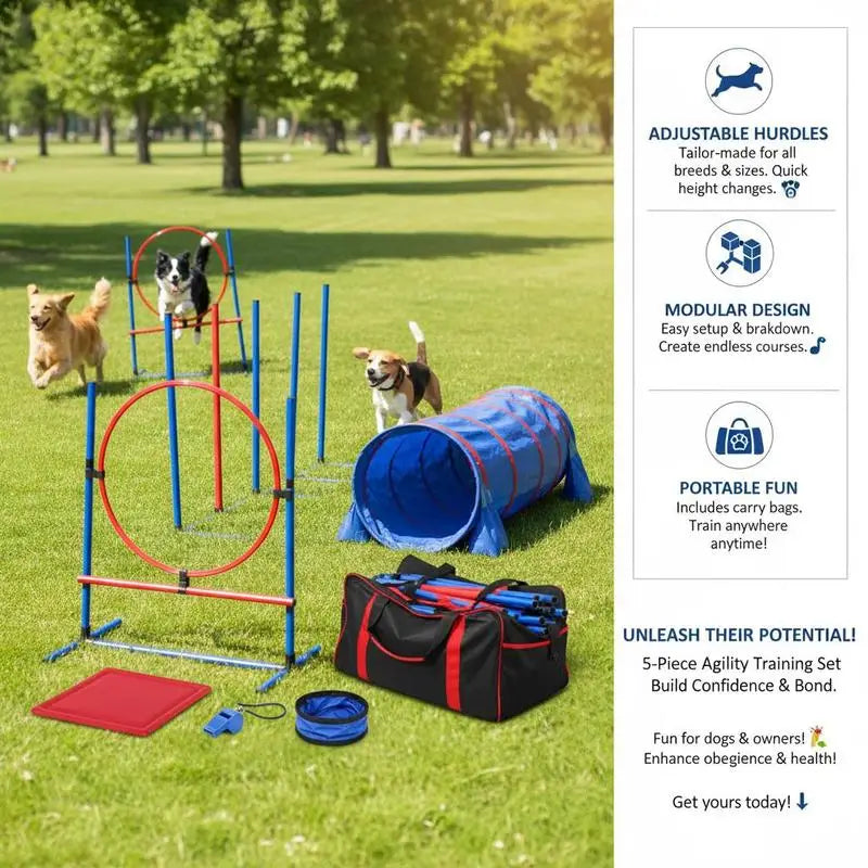 Dog agility training set by S And B Enterprise; blue and red hurdle frame, tunnel, poles, and carry bag.