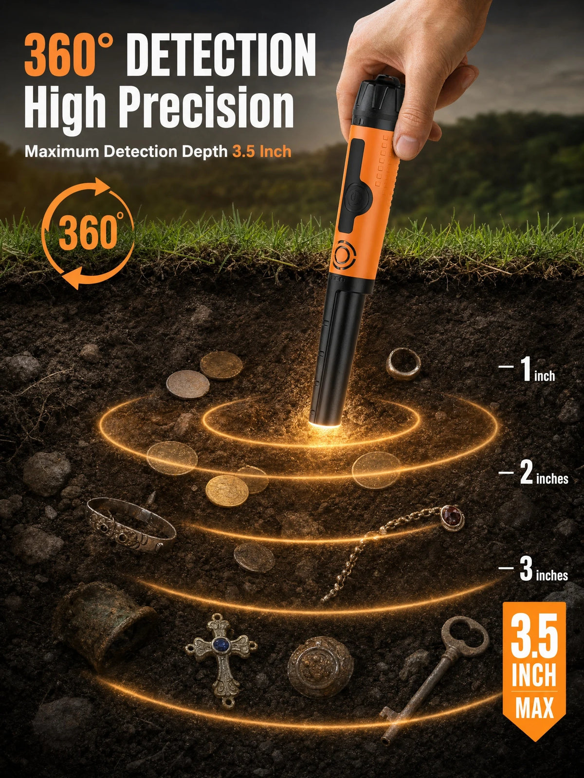 SUNPOW handheld pinpointer metal detector in orange and black with 360° scan and IP68 waterproof.