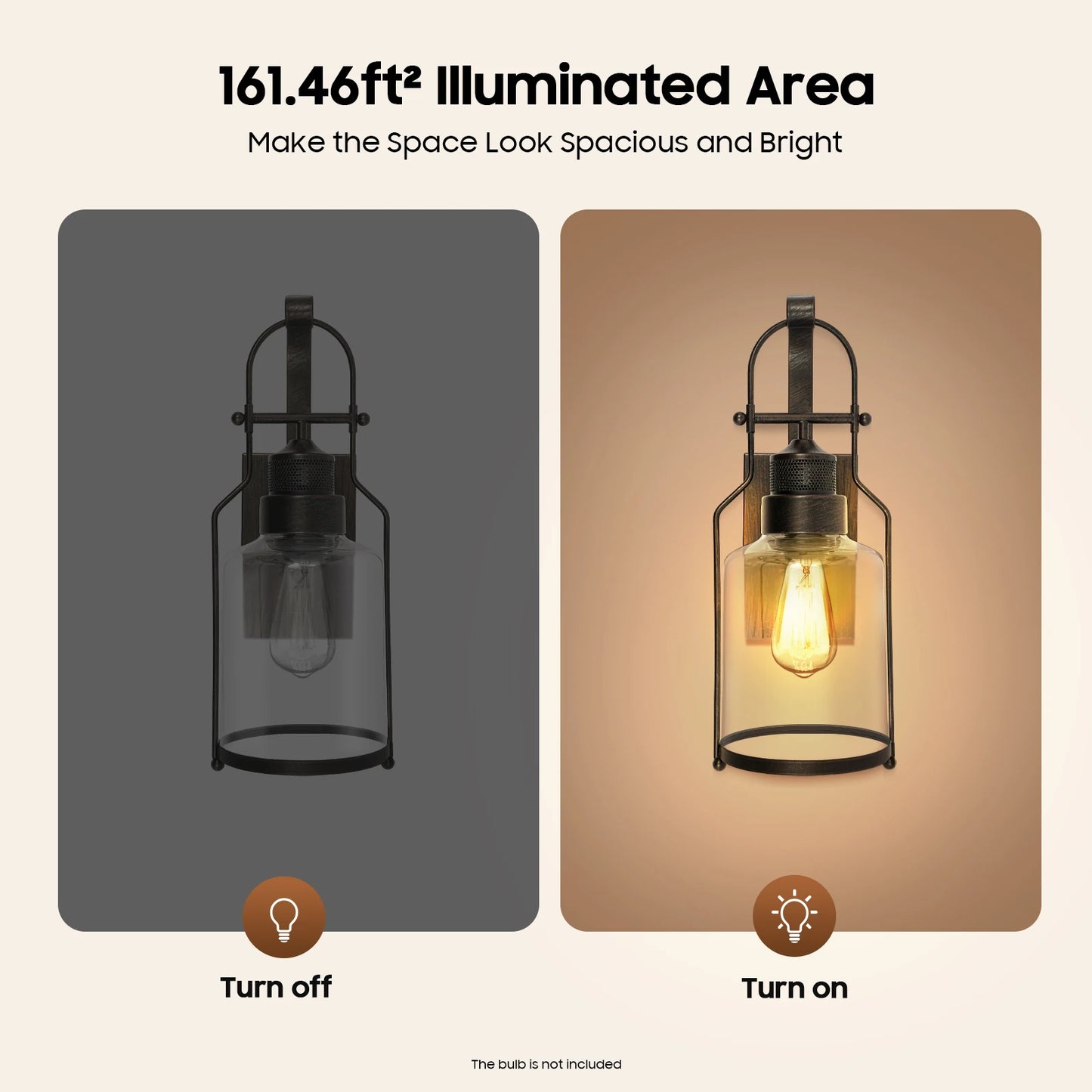 Retro industrial wall lamp by S And B Enterprise; two-panel display shows rust iron frame with clear glass shade.