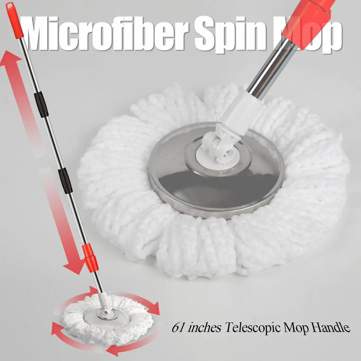 Black spin mop bucket set with wrings system, wheels, extendable handle, and 3 replacement refills