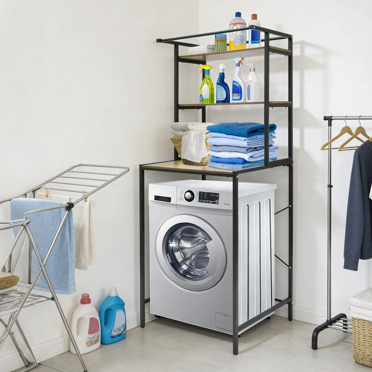 Over washer laundry storage shelf in oak veneer MDF with black metal frame; holds detergent bottles and towels