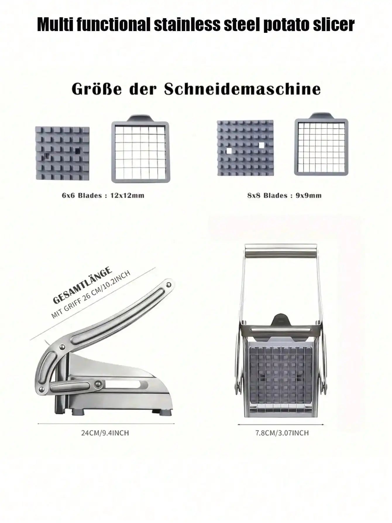 Stainless steel julienne cutter for potatoes and cucumbers by S And B Enterprise with interchangeable blade grids