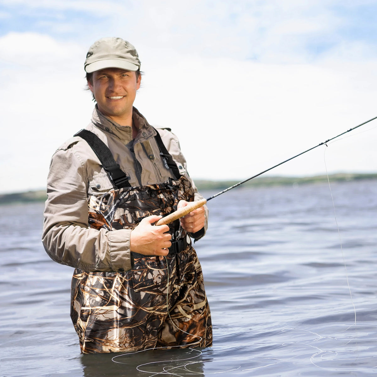 Men's waterproof chest waders with boots for fishing by S And B Enterprise, camouflage nylon/PVC.