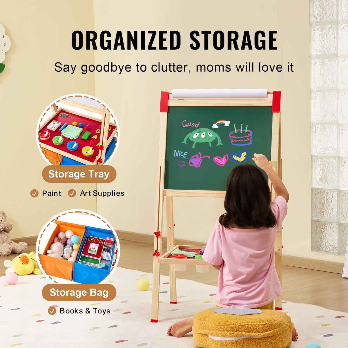 SucceBuy standing wooden art easel with chalkboard, red accents, storage tray and bag; kid drawing