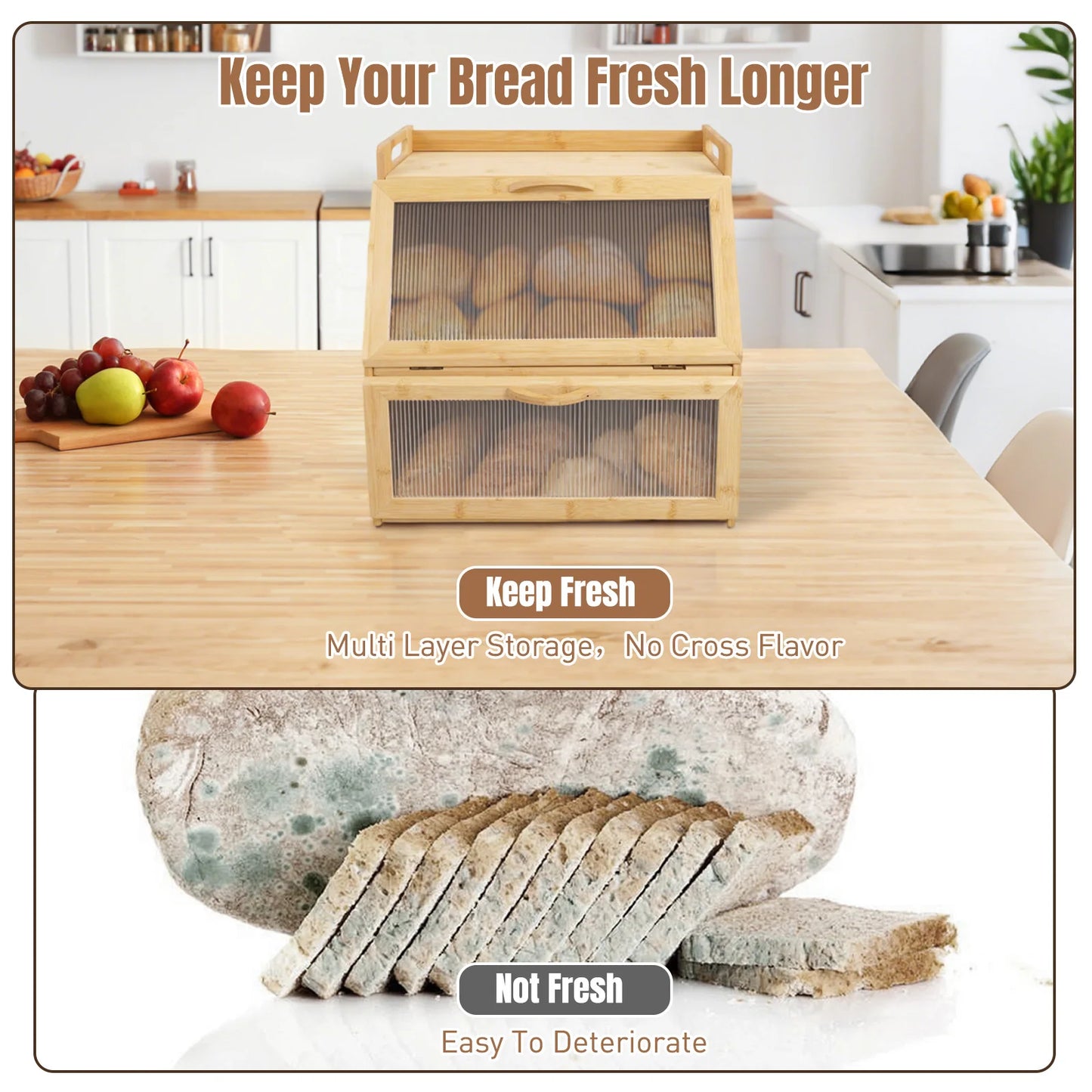 Double Layer Wooden Bread Storage Box, farmhouse style countertop bread keeper by S And B Enterprise