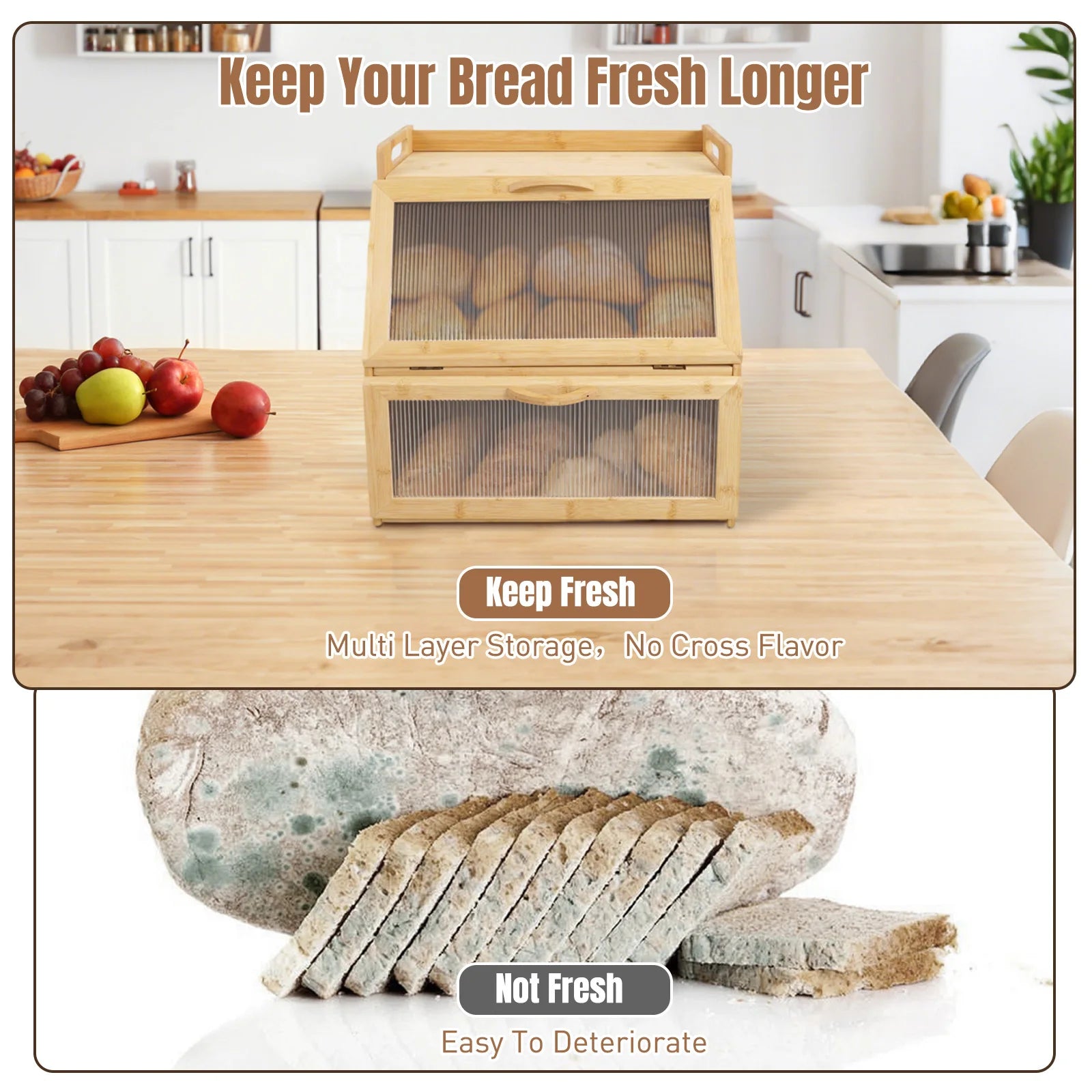 Double Layer Wooden Bread Storage Box, farmhouse style countertop bread keeper by S And B Enterprise