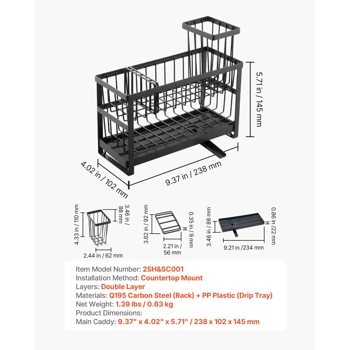 Kitchen Sink Caddy Organizer, black 2-tier sponge holder with high brush rack and rotatable drainage spout