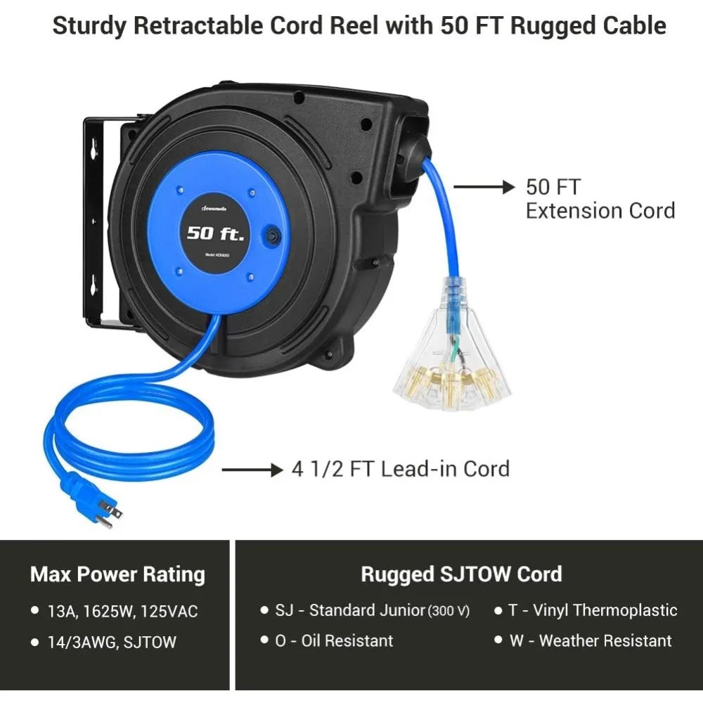 Retractable cord reel by S And B Enterprise with 50ft blue extension cord and 3 outlets