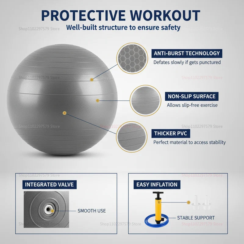 Explosion-proof inflatable yoga ball by S And B Enterprise; gray PVC with anti-burst, non-slip surface for gym or home