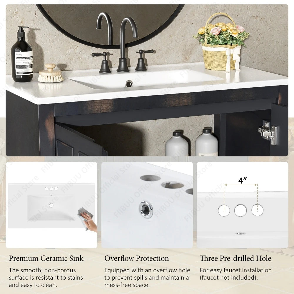 Bathroom vanity cabinet 36-inch solid wood with ceramic sink by S And B Enterprise; soft-close doors.