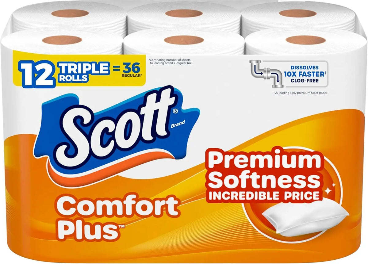 Scott toilet paper, 12 triple rolls (36 regular), 1-ply septic-safe tissue with Comfort Plus premium softness
