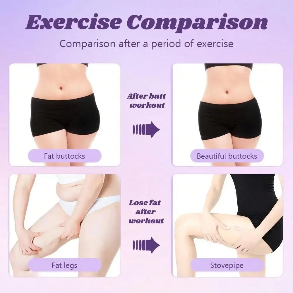 Pilates sliding board reformer with resistance bands; four-panel purple infographic of before/after buttocks and legs