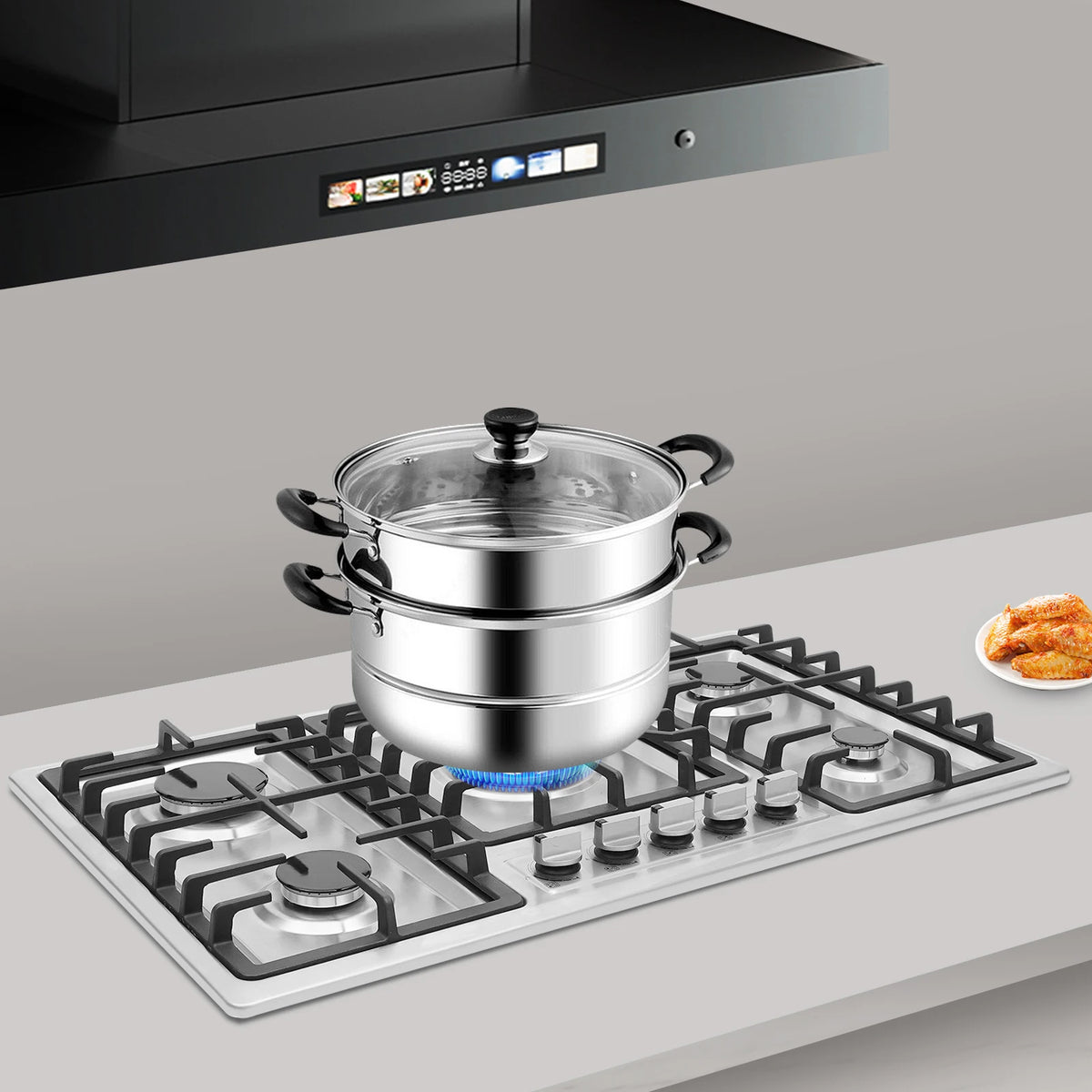 5-burner stainless steel built-in gas cooktop (83x47 cm) for natural gas or propane with a glass-lid pot on front burner