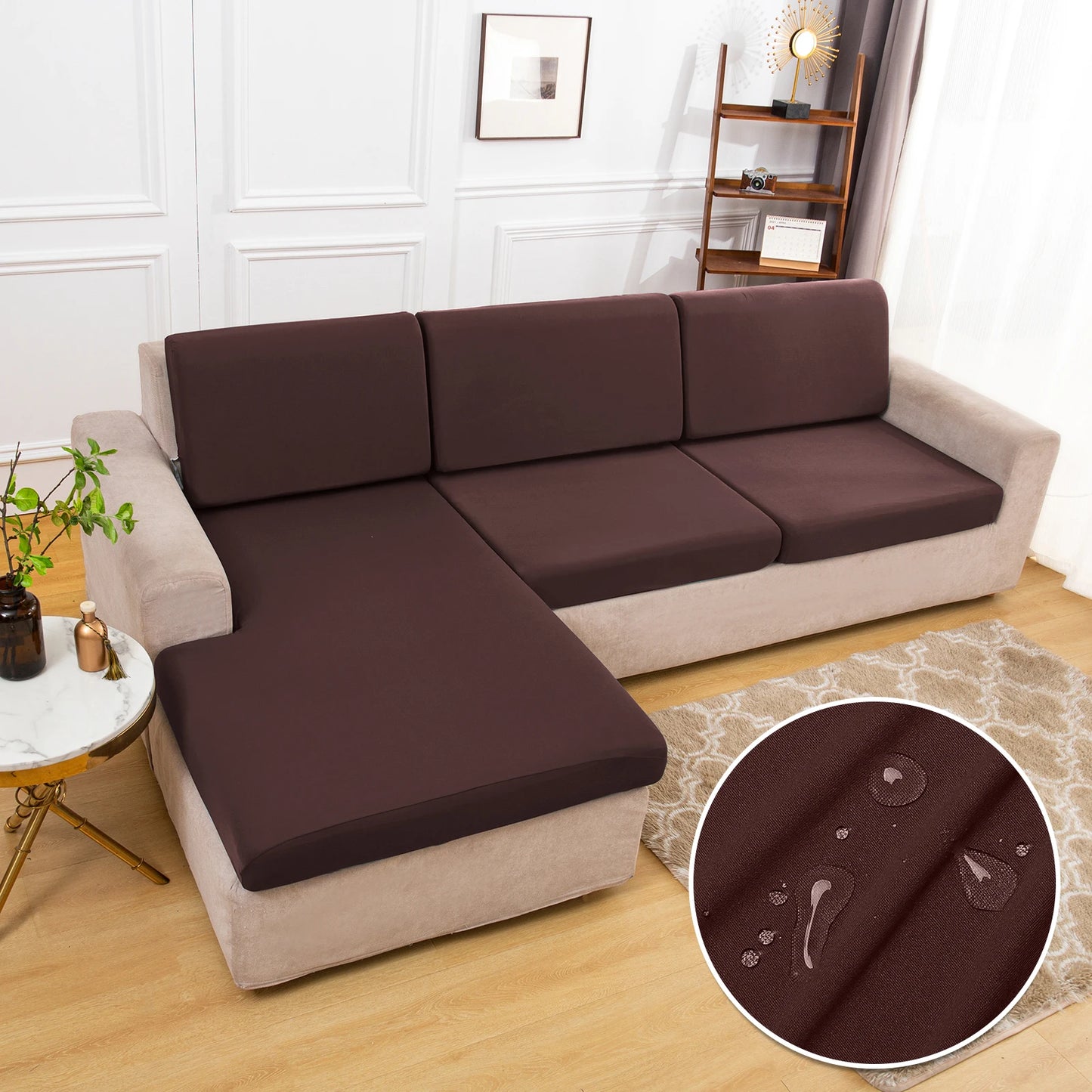Waterproof sofa cushion covers in dark brown, non-slip silky stretch fabric for 3-seat sofa; S And B Enterprise