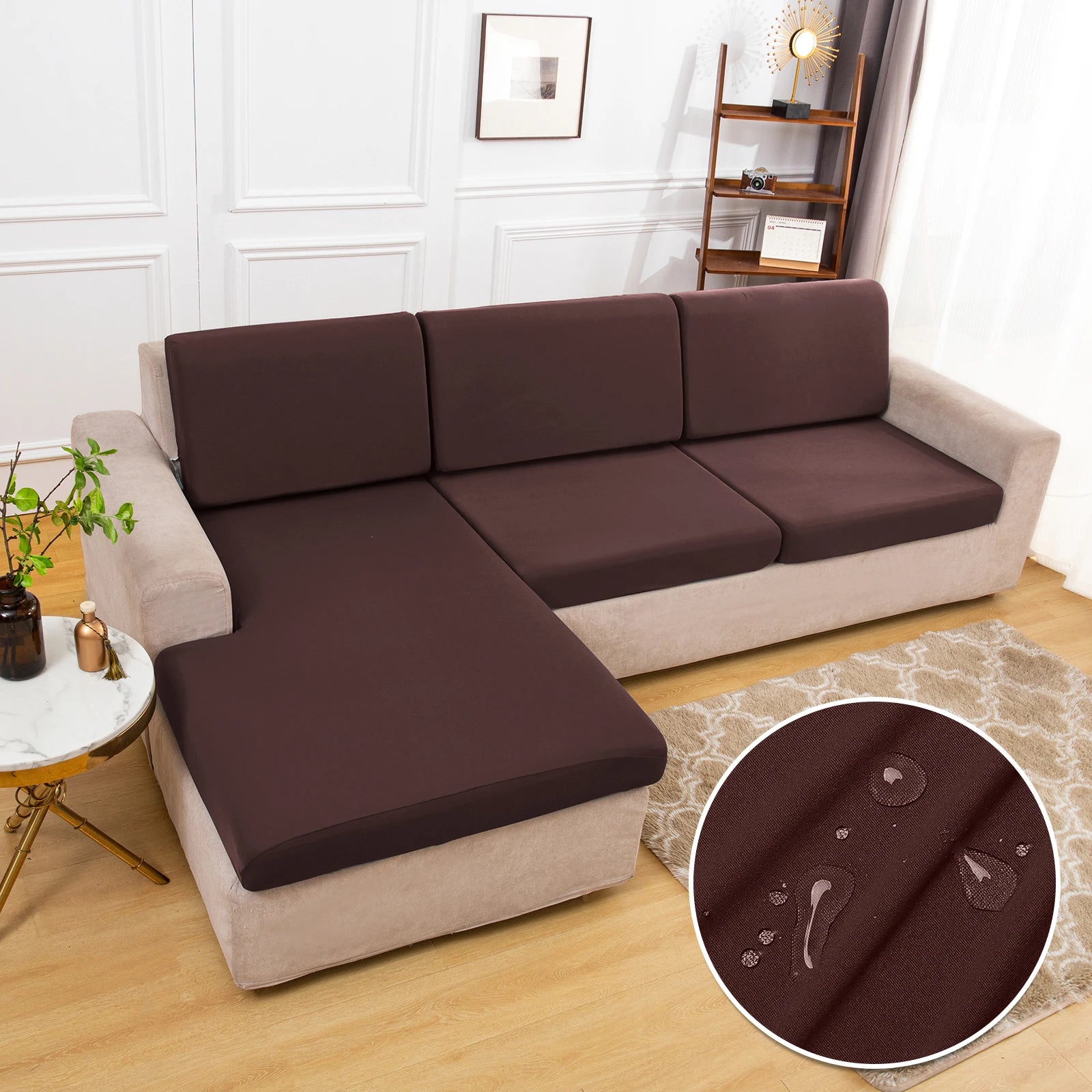 Waterproof sofa cushion covers in dark brown, non-slip silky stretch fabric for 3-seat sofa; S And B Enterprise