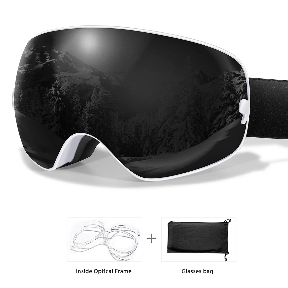 S And B Enterprise ski goggles with white frame and black strap, UV400 anti-fog; includes inside optical frame and glasses bag
