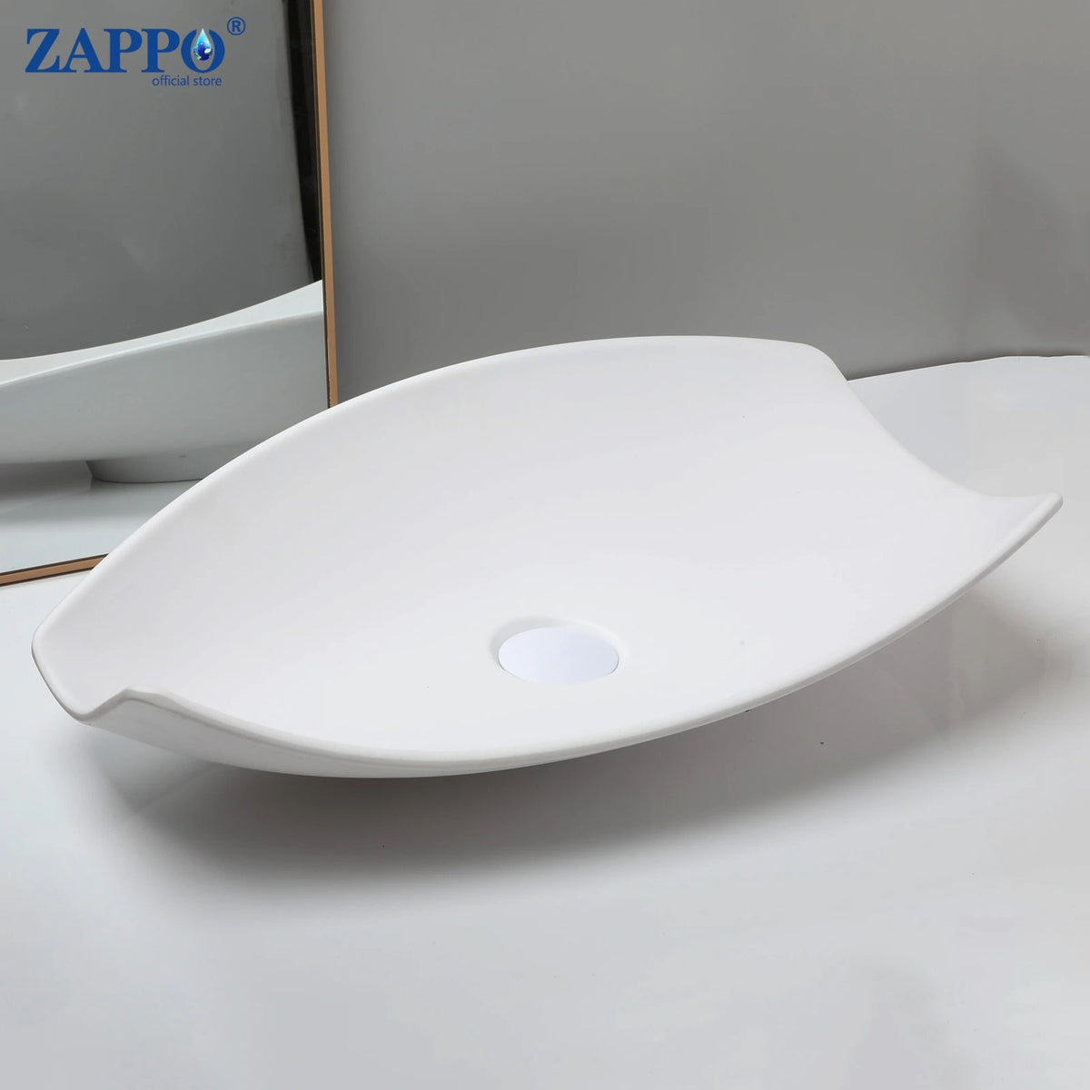 ZAPPO white bathroom vessel sink with drain, round above-counter bowl.