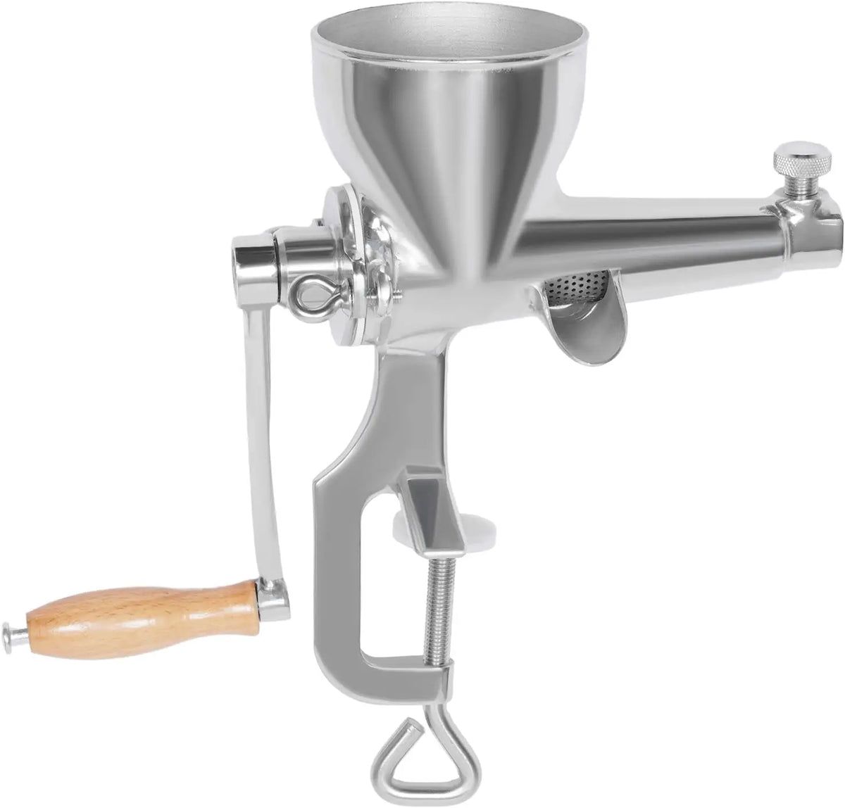 Manual wheatgrass juicer with stainless steel body and wooden crank handle