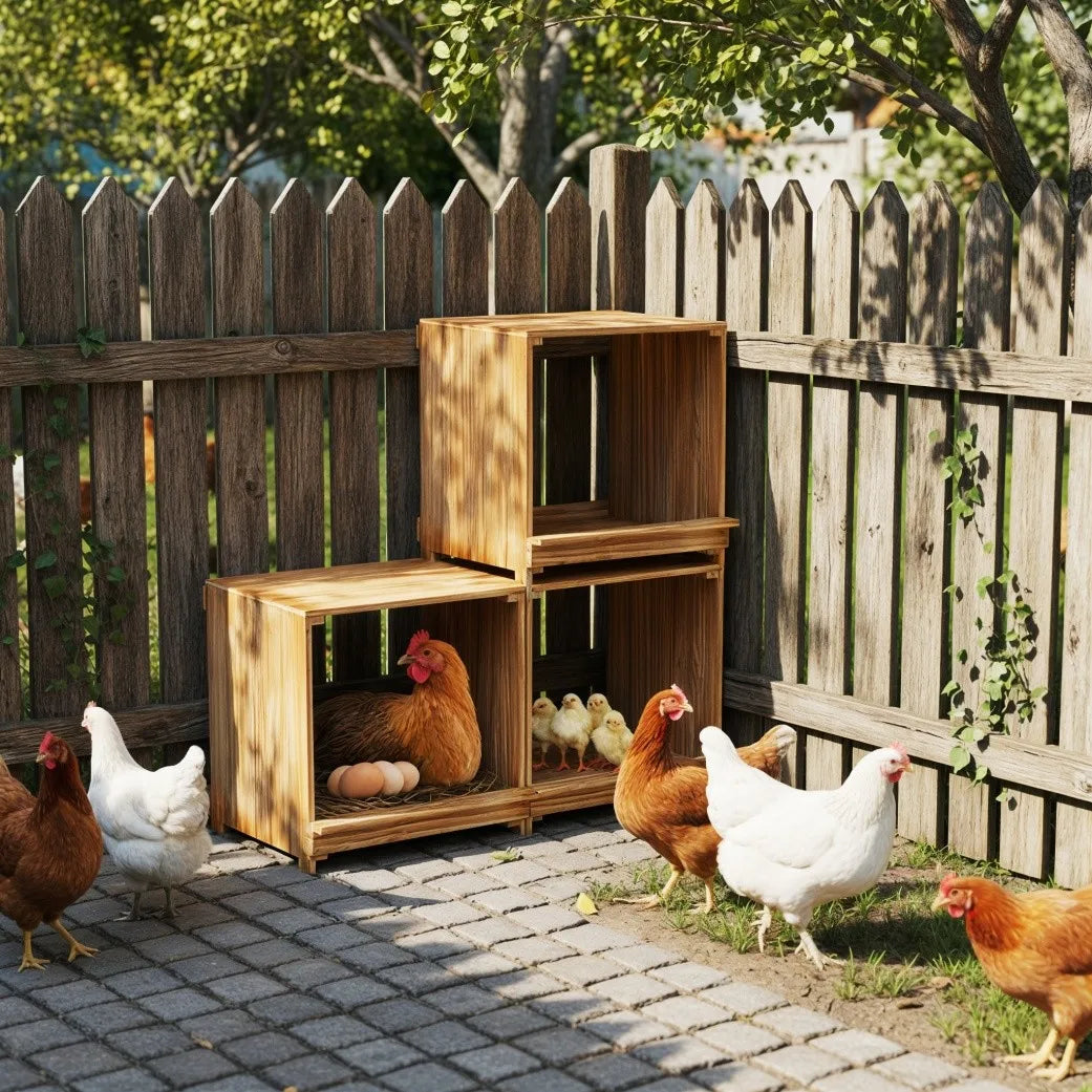 Pine wooden chicken nesting boxes, 3-compartment nest for easy egg collection, by S And B Enterprise, outdoors with hens.