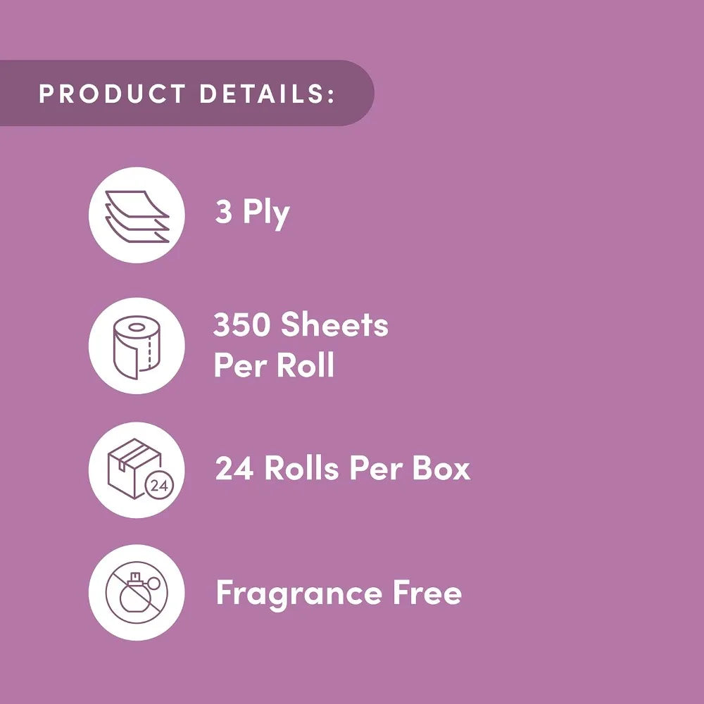 Bamboo 3-Ply toilet paper, 24-roll box, fragrance-free, 350 sheets per roll.
