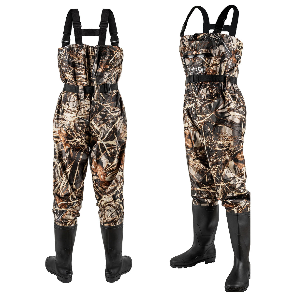 Men's camo waterproof chest waders with boots; nylon/PVC, Night Cat label visible in two views