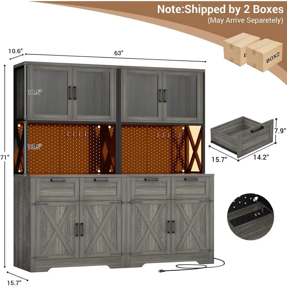 71" Tall Kitchen Pantry Storage Cabinet with LED Light & Outlet, 63" Wide Kitchen Hutch Cabinet with Large Countertop, DIY Pegbo