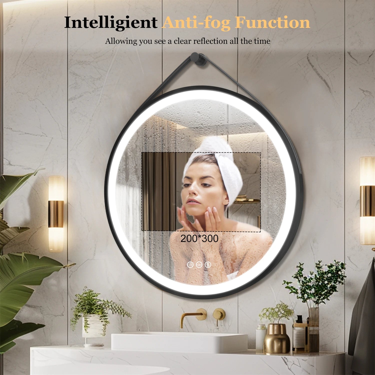 Round LED Bathroom Mirror With Leather Strap Frontlit Touch Antifog by S And B Enterprise
