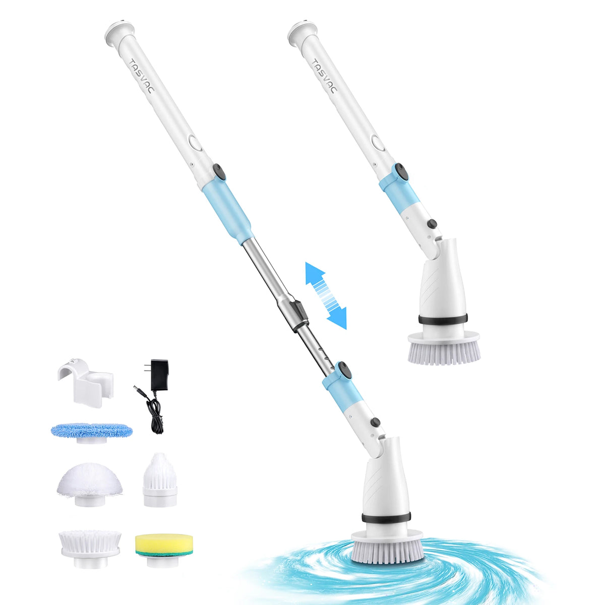 450RPM electric spin scrubber from S And B Enterprise with extendable handle and 5 brush heads