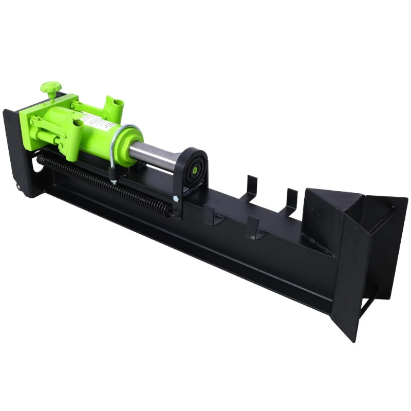 Horizontal log splitter with a green hydraulic cylinder on a black base, manual 2-speed unit