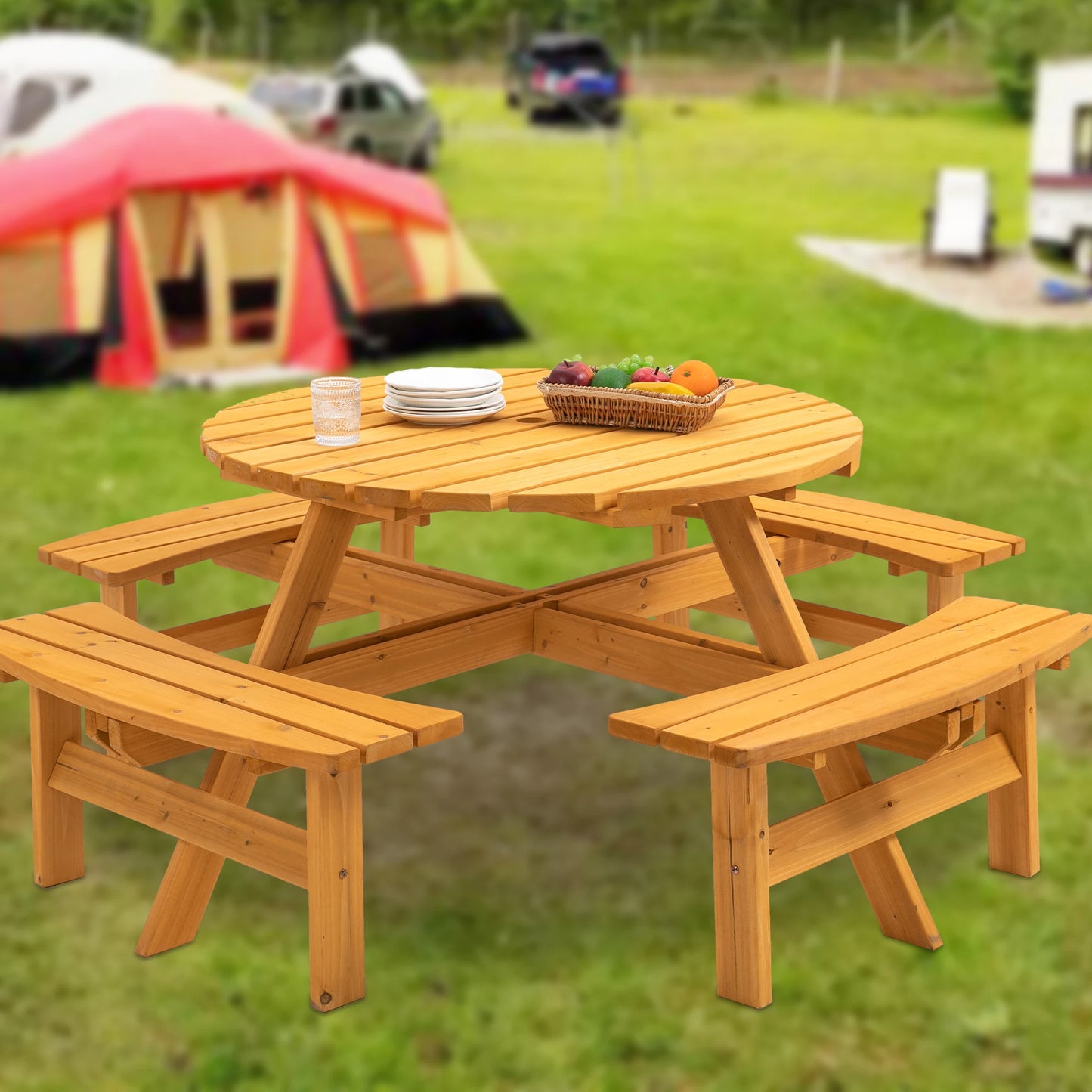 Solid Wood Round Outdoor Picnic Table Set with 4 Benches, Weather Resistant Patio Dining Furniture with Umbrella Hole for Garden Backyard Lawn BBQ Party by S And B Enterprise