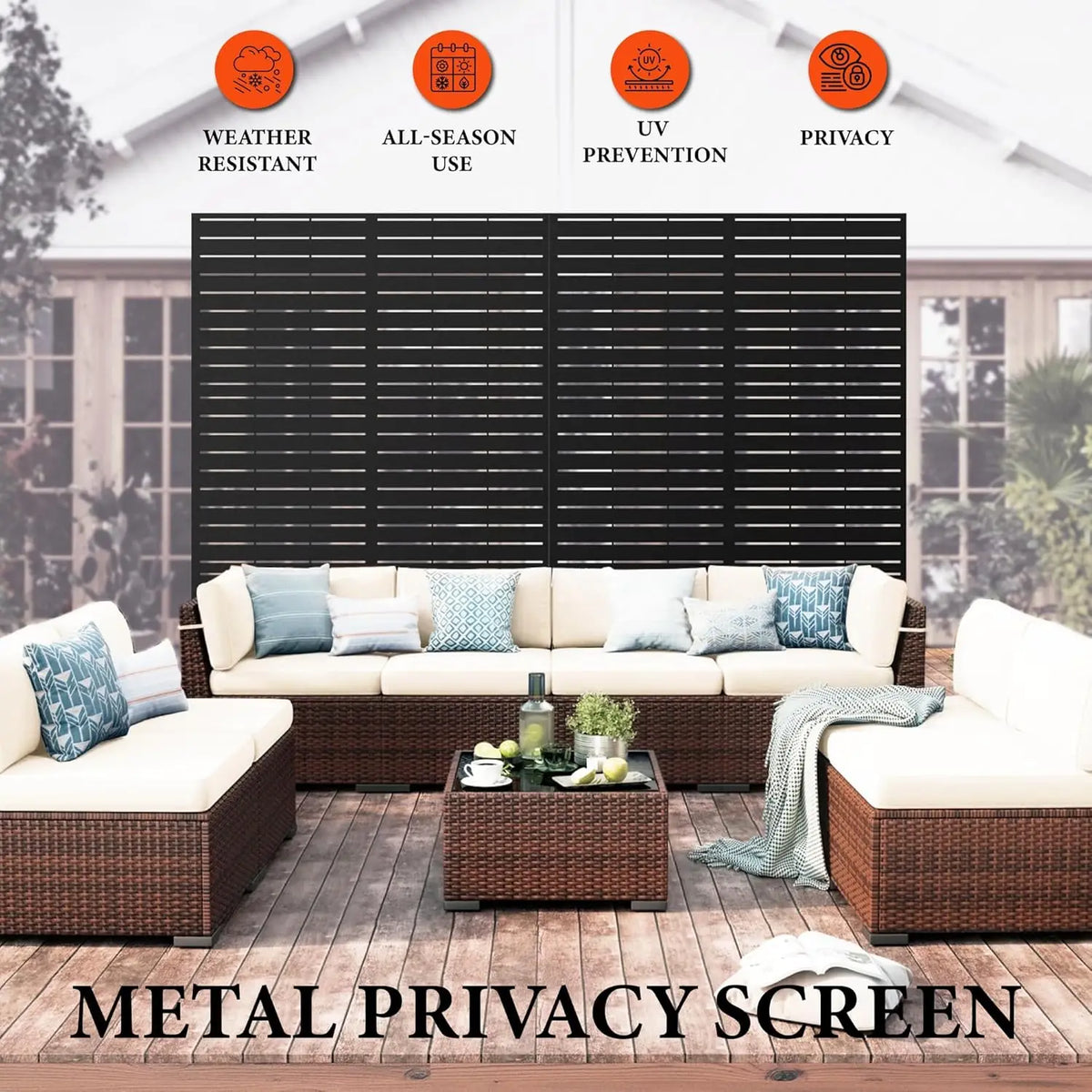 S And B Enterprise metal privacy screen with stand; black slatted outdoor divider 120x183cm