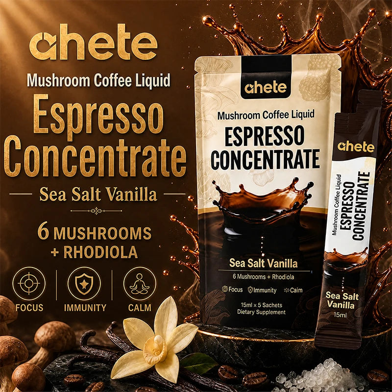 AHETE Mushroom Coffee Liquid Espresso Concentrate, Sea Salt Vanilla, 6 Mushrooms + Rhodiola, S And B Enterprise.