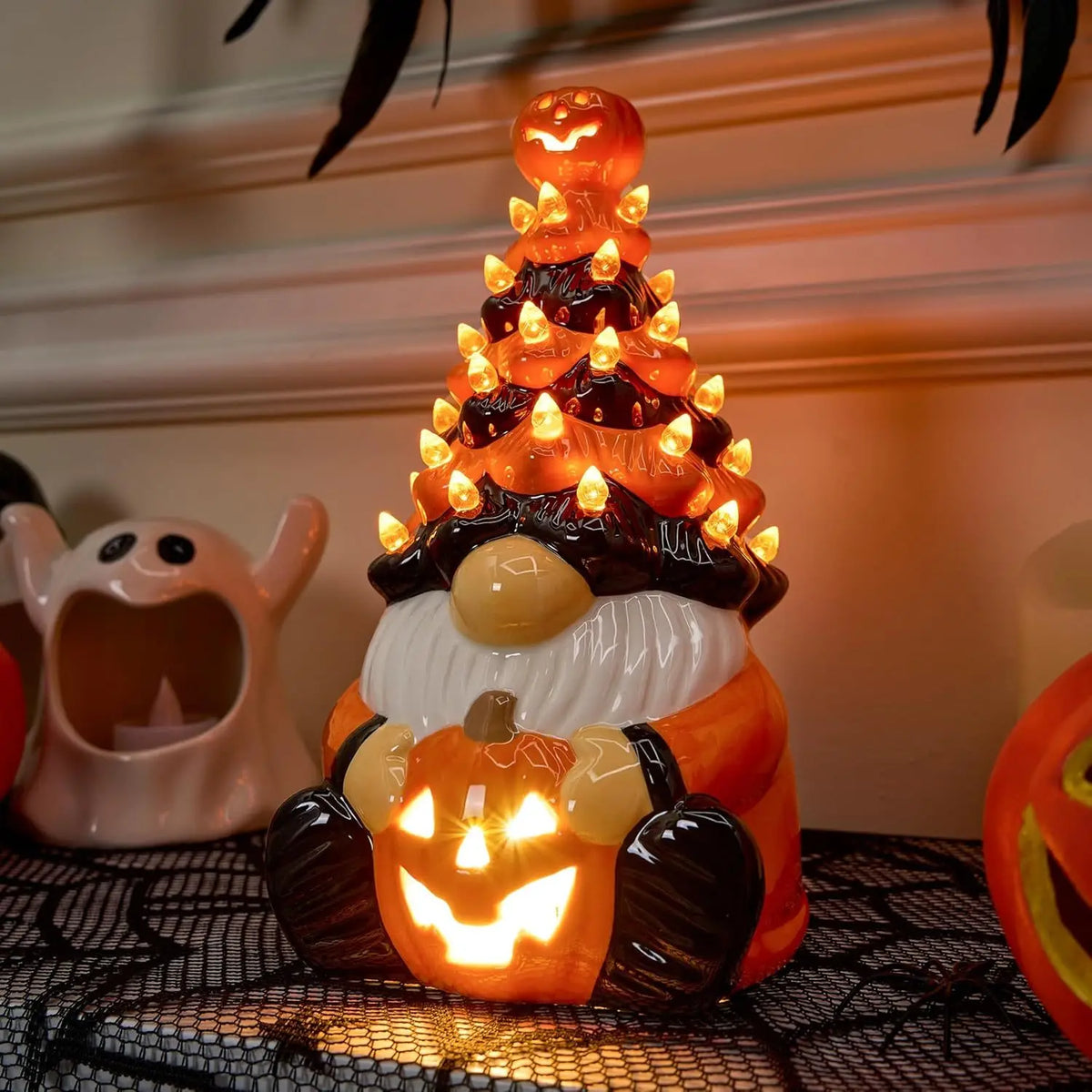 Halloween Pumpkin Gnome Ceramic LED Tabletop Decor For Autumn Parties