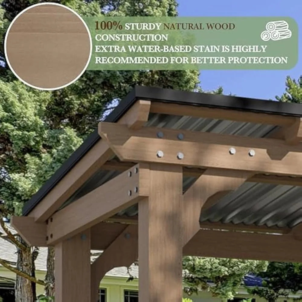 Wooden Grill Gazebo With Sloped Metal Roof And Shelves