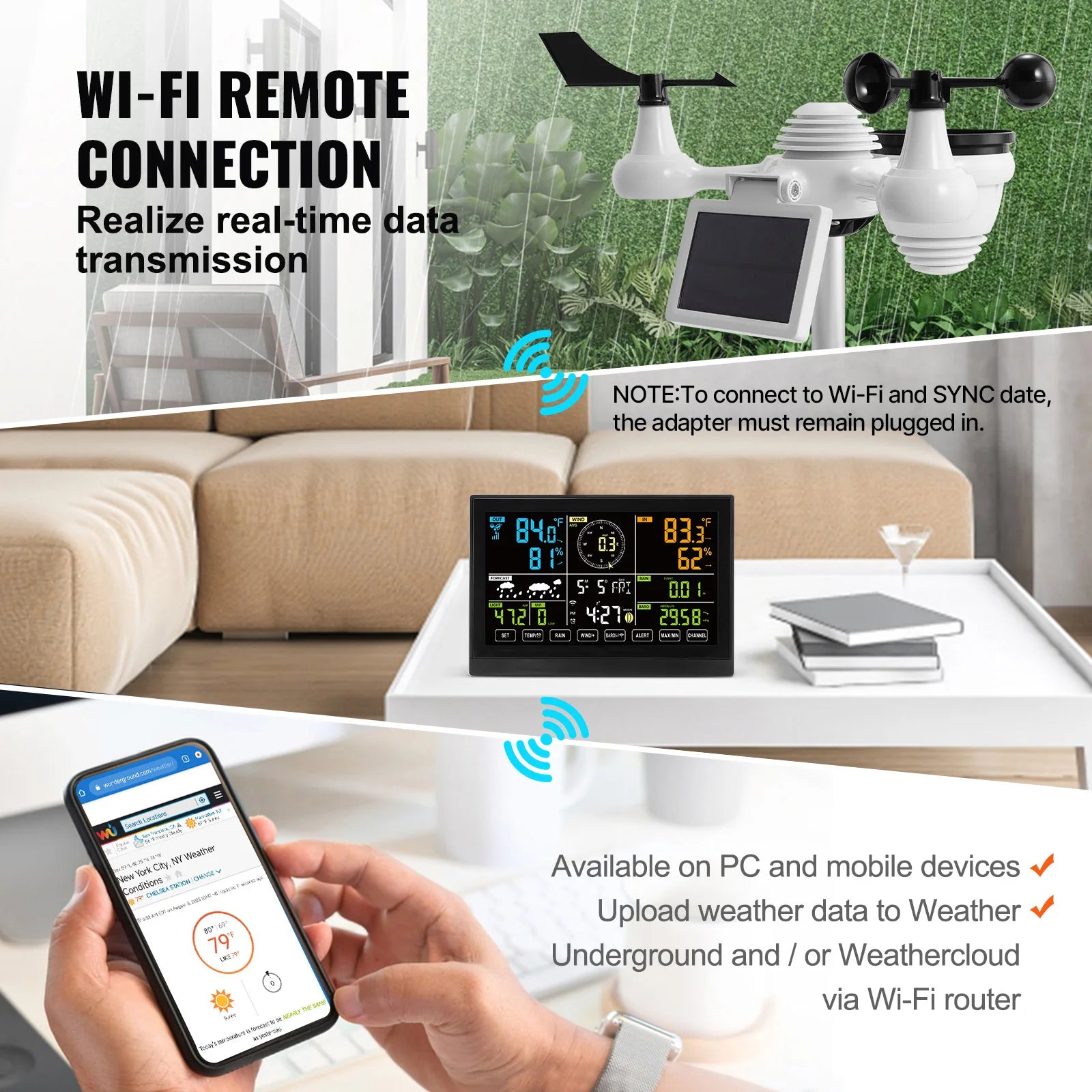 SucceBuy 7-in-1 Wi-Fi Weather Station 7.5 in Color Display + Solar Wireless Outdoor Sensor Alarm Alerts for Temperature Humidity by S And B Enterprise