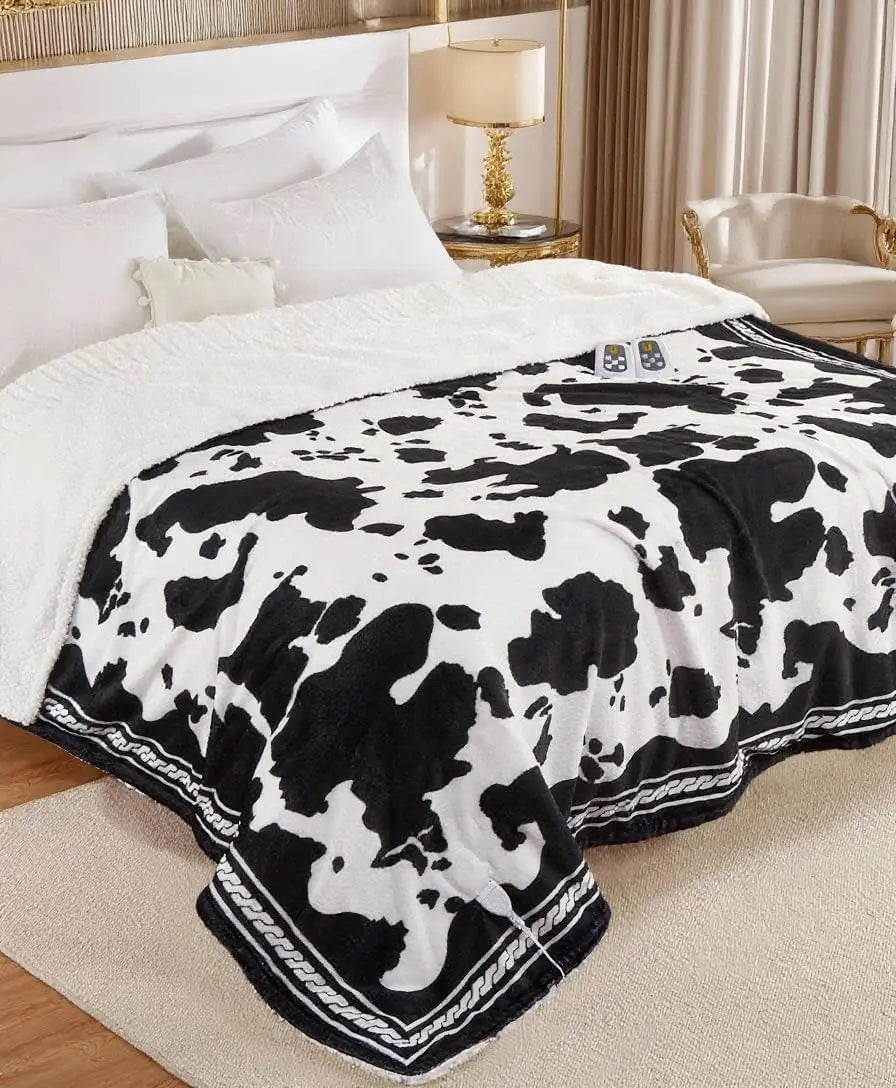 Heated electric blanket, cow-print design by S And B Enterprise, with two remotes and LCD controller.