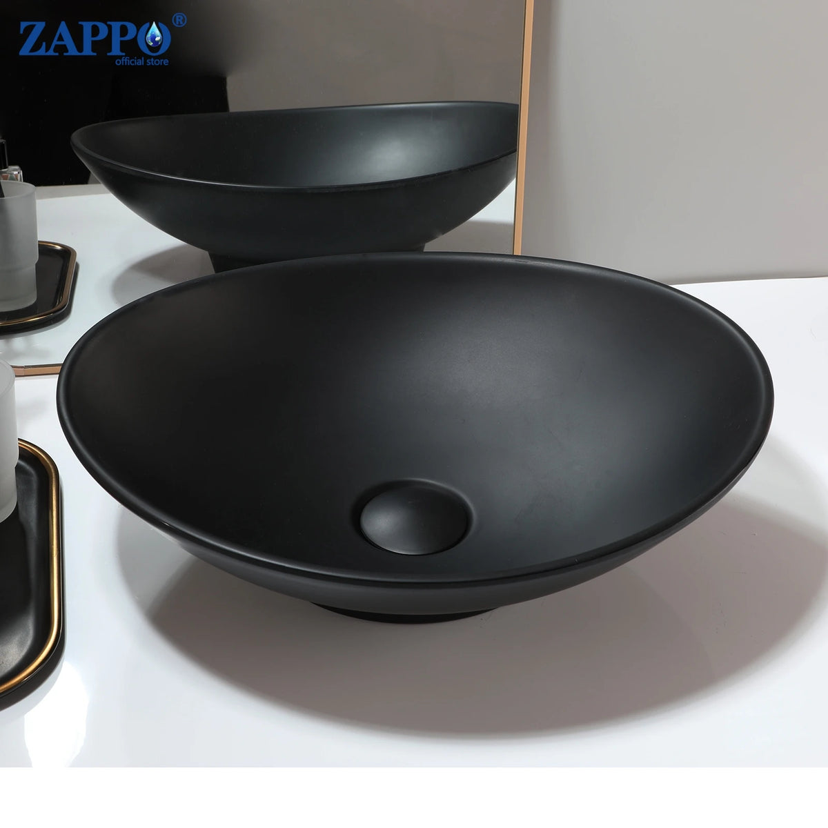 Bathroom vessel sinks by ZAPPO, two black matte stone resin bowls with drains