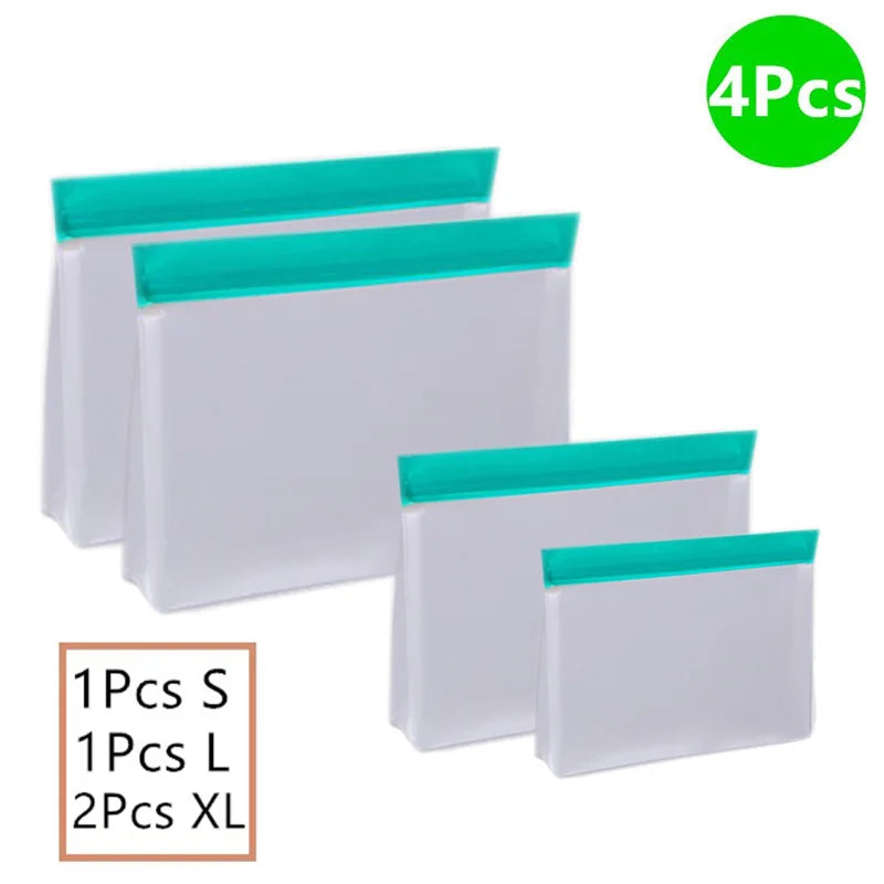 Reusable silicone PEVA food storage bags by S And B Enterprise, 4-piece set with teal stand-up zip-top (S, L, XL, XL)