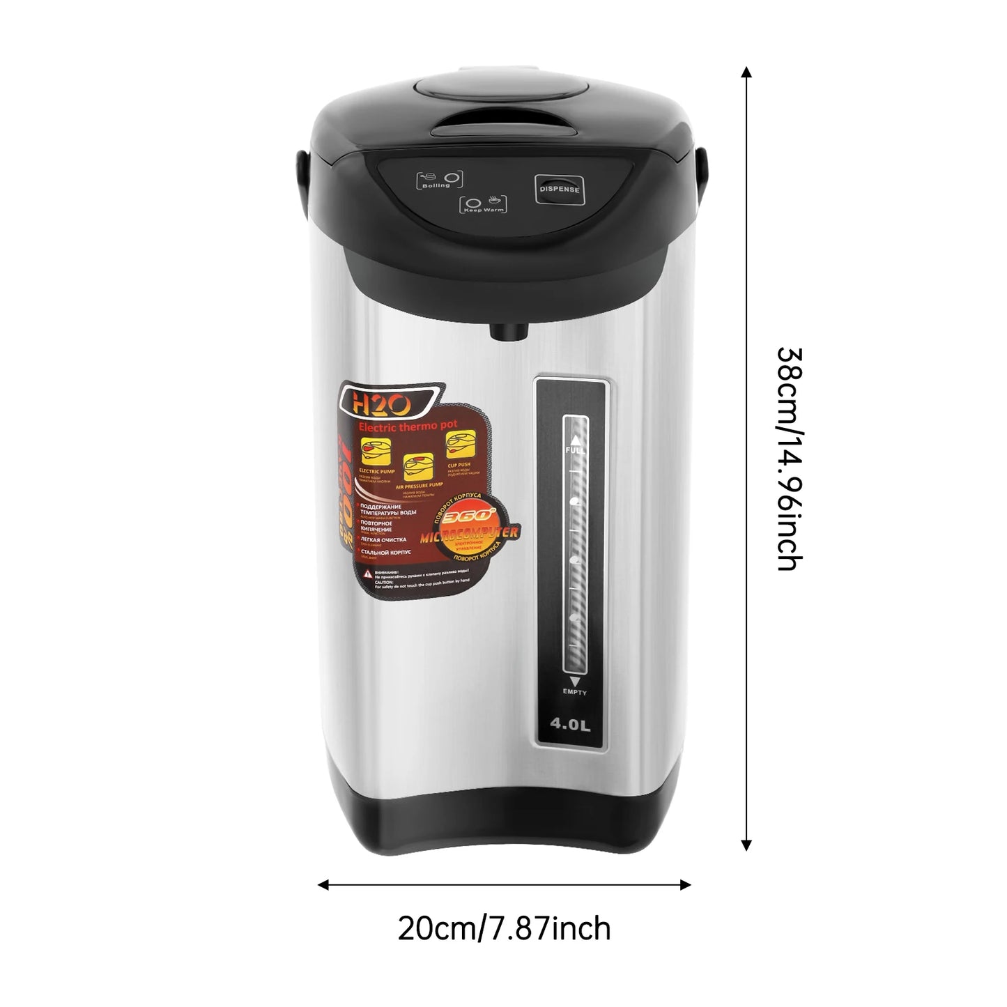 Electric kettle, stainless steel with black lid, 4.0 L capacity