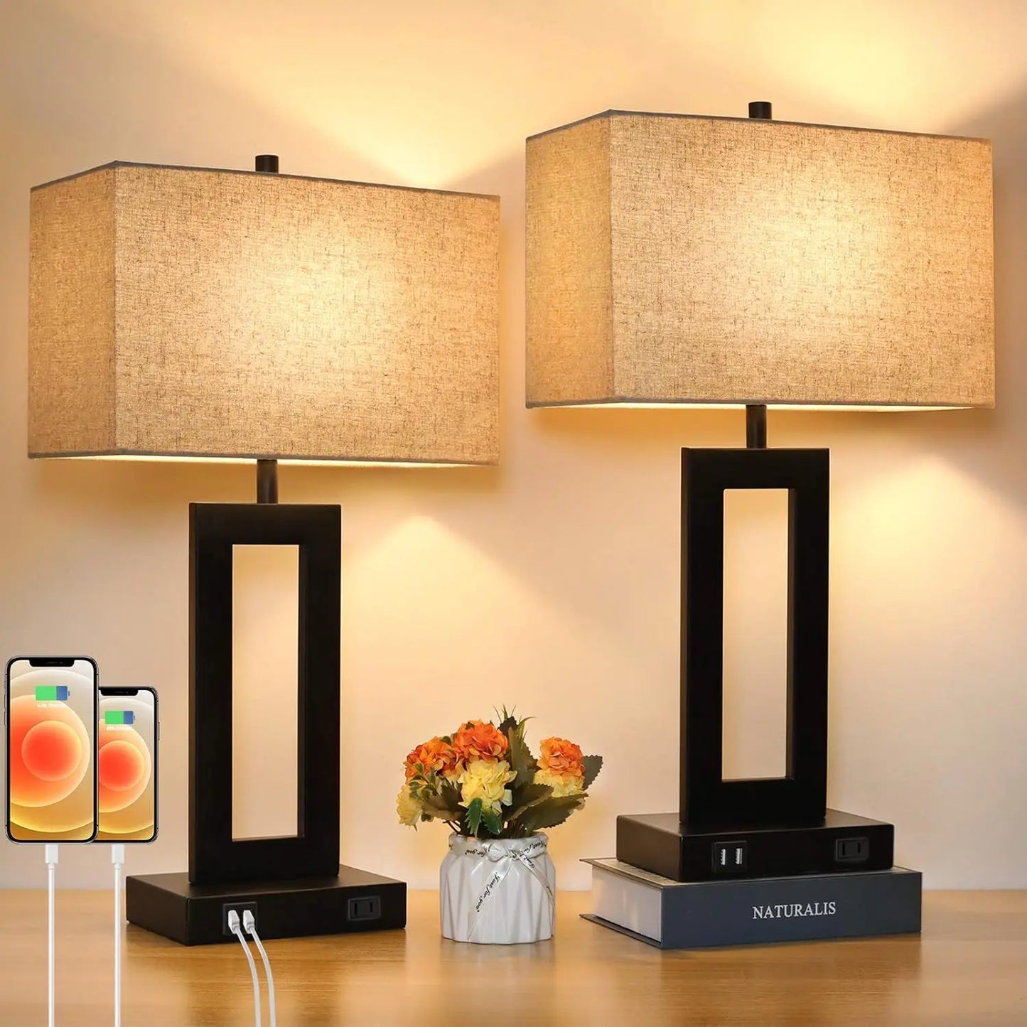 2 Pack Touch Control Table Lamp With USB Ports Dimmable Nightstand