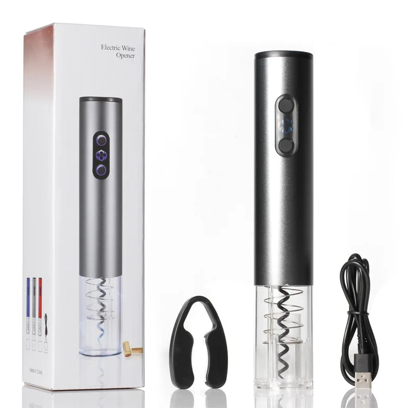 S And B Enterprise electric wine opener; rechargeable black and silver corkscrew with USB cable and foil cutter.