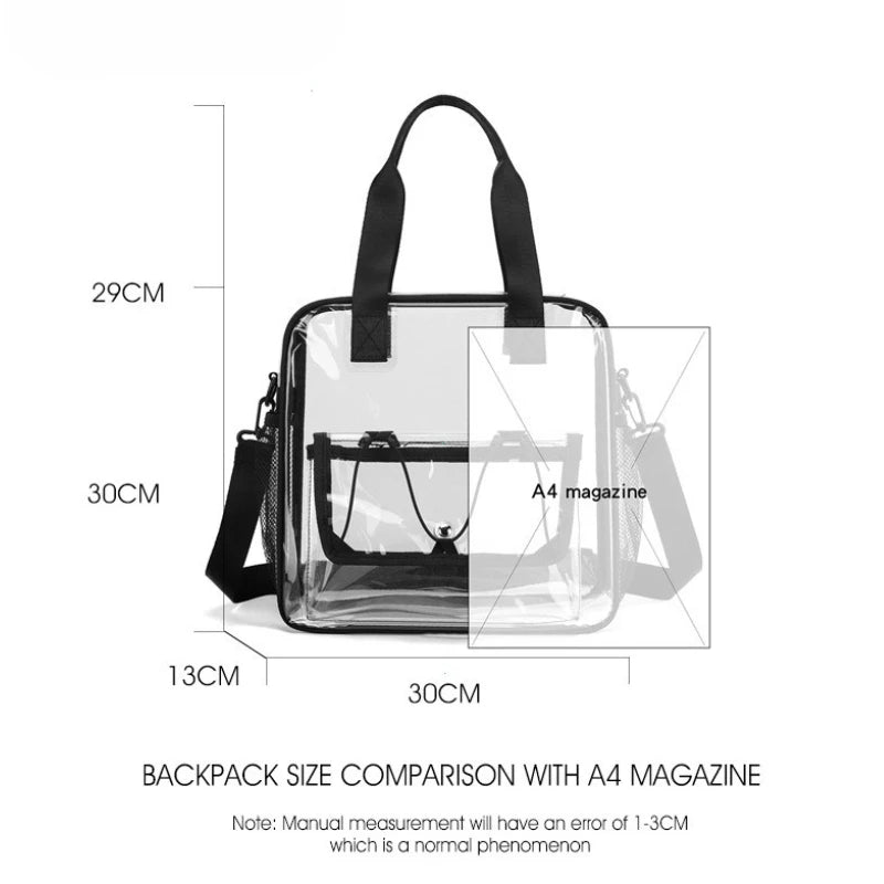 PVC transparent swimming bag with black handles and crossbody strap, clear waterproof tote 30x30x13 cm