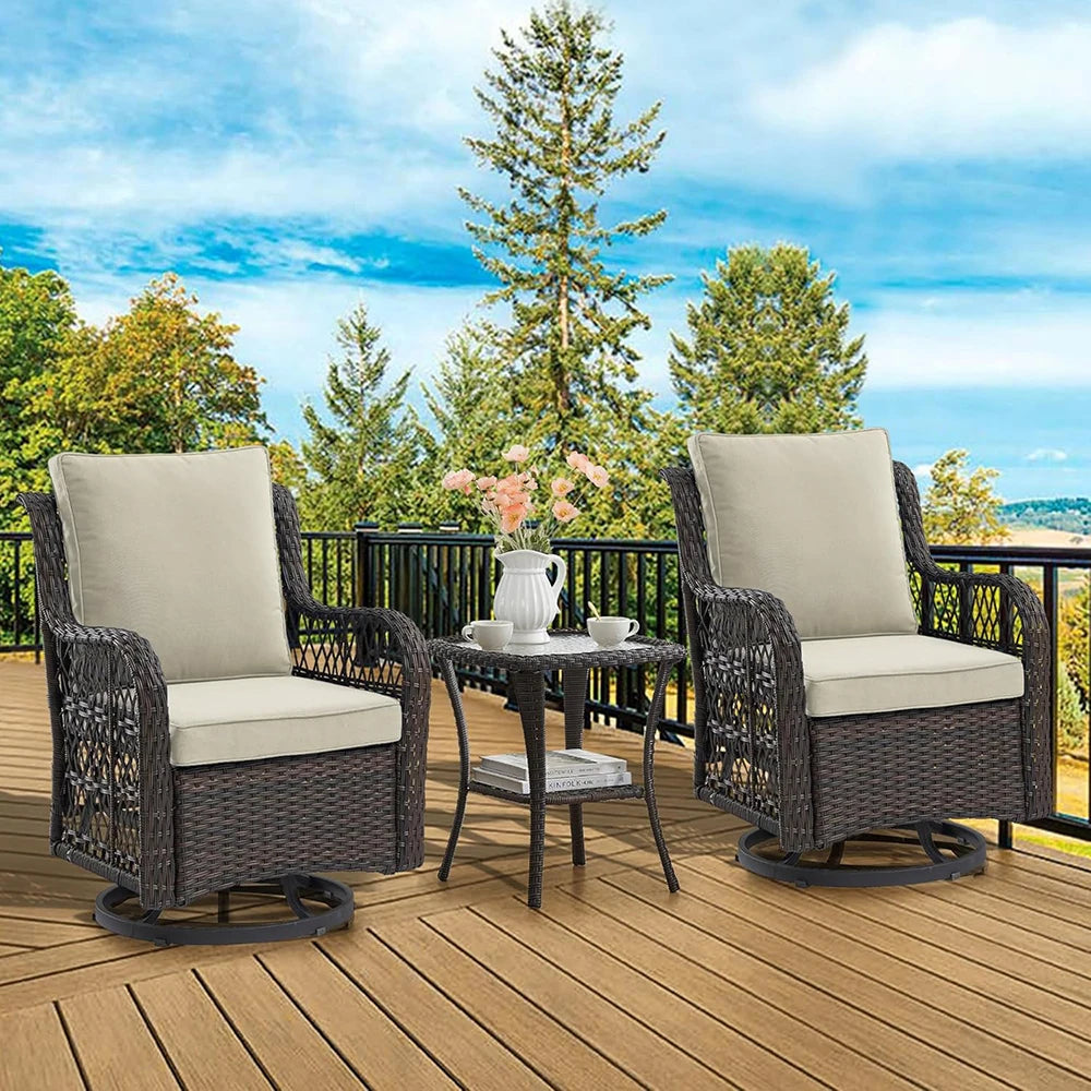 HiMISS 3-Piece Wicker Swivel Rocking Patio Set With Glass Table